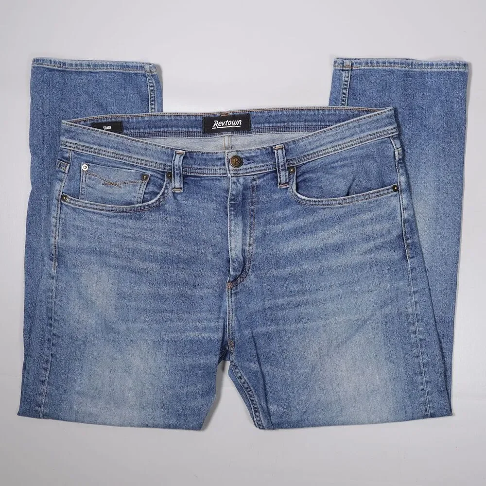 Revtown Sharp Jeans Regular Fit Blue Stretch Denim Mens 36 x 30 (fit 38x29)